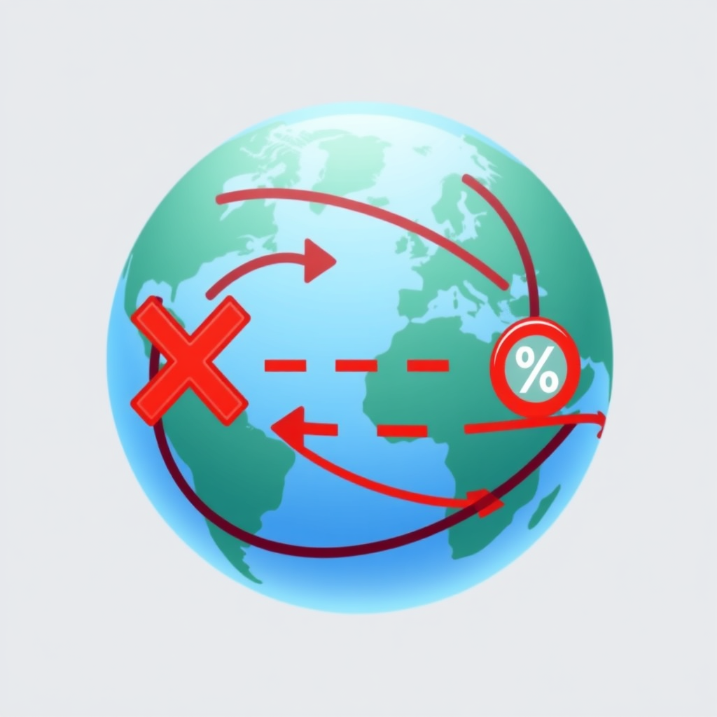 Interrupted trade routes: A globe with multiple curved lines or arrows signifying interconnected trade routes. One or more of these routes are clearly interrupted or blocked by a 'barrier' symbol (e.g., a red X, a stop sign graphic, or a small wall segment), with a '%' icon nearby.