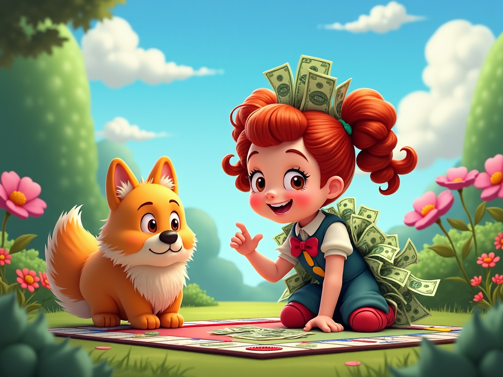 In a vibrant garden, the girl mimics a Monopoly banker, with her fluffy plush friends as competitors. Her costume adorned with hundreds of Monopoly money bills made of cloth, complements her imaginative role-play, fostering friendship, creativity, and strategic thinking among stuffed animals.