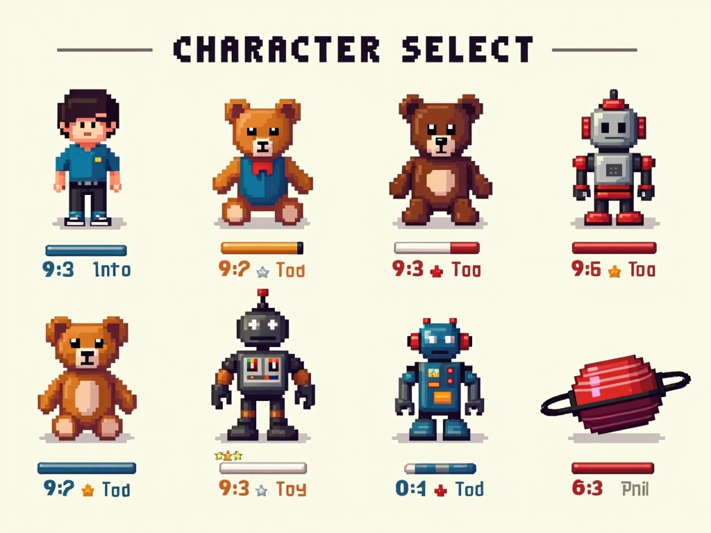 A pixel art t-shirt design featuring a 'character select' screen but with various nostalgic toys instead of game characters. Each toy could have a little retro stat bar underneath it.