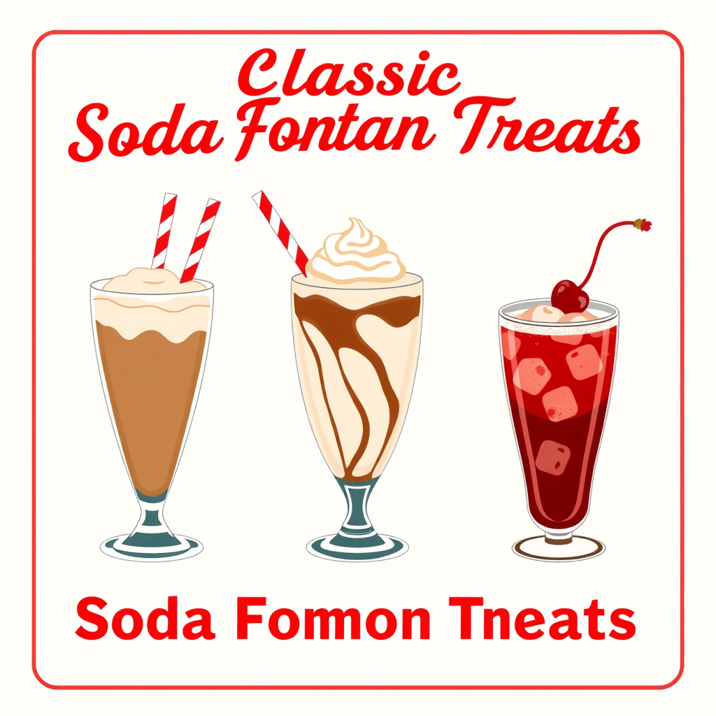 Sub-design Idea 1: Classic Soda Fountain Treats. Icons featuring root beer floats, milkshakes, and cherry colas in tall glasses with striped straws and whipped cream. Style with muted reds, creams, browns, 50s diner-style typography, and subtle grain textures.