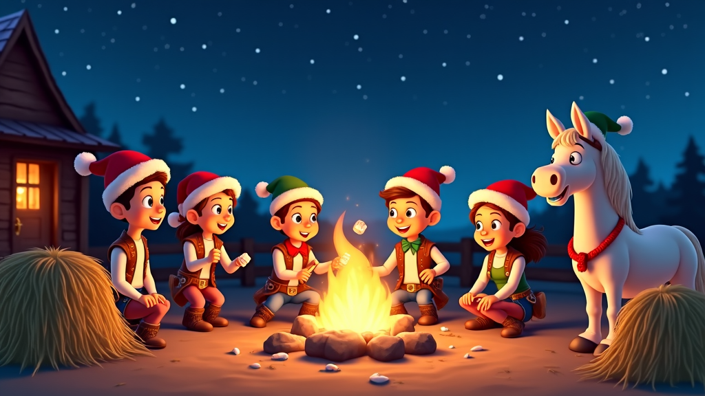 A picturesque cartoon ranch under a starry night sky, where animated cowboys and cowgirls, wearing Santa hats, gather around a crackling campfire. They roast marshmallows and sing Christmas ballads, while horses nibble on festive hay bales, creating a warm holiday atmosphere.