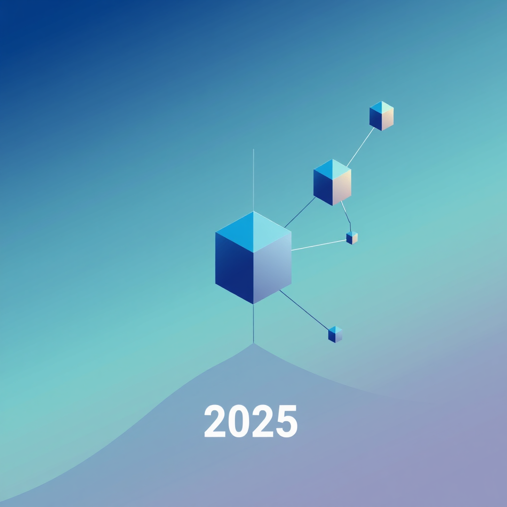 Sub-Design Idea 1: Dynamic Growth from Genesis - Visualize a single 'genesis' block element, from which more complex, interconnected abstract block shapes emerge and expand, symbolizing the network's evolution. The year '2025' can be subtly woven into this growing structure.