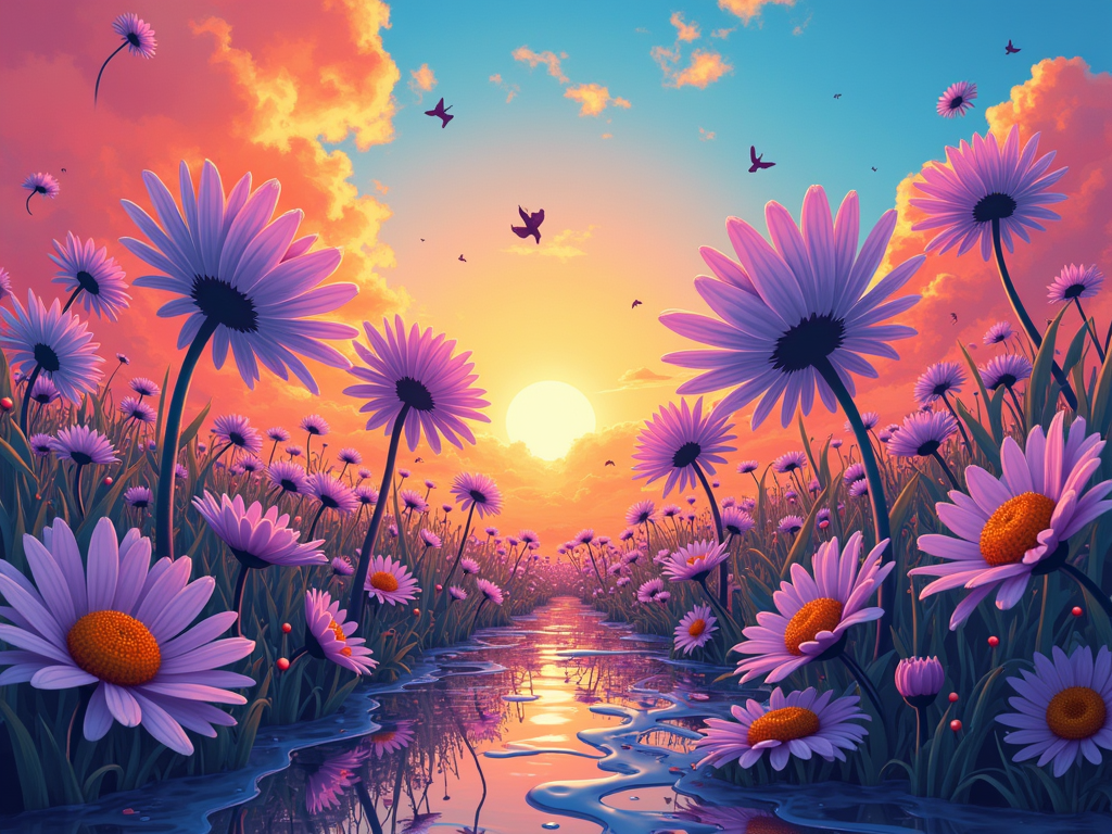 Melting Reality Daisy Field: A surreal landscape of daisies appearing to melt or dissolve into a vibrant, trippy background. Colors blend and drip, with subtle silhouettes of festival-goers integrated into the melting scenery.