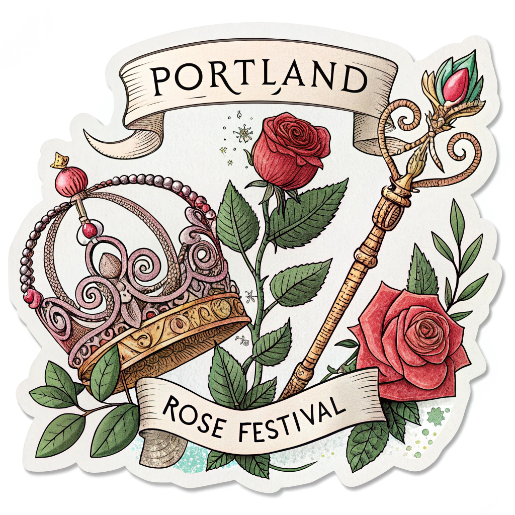 Vintage Storybook: An illustrative style reminiscent of classic storybook art, depicting a majestic rose crown and scepter with ornate details, perhaps with 'Portland Rose Festival' in a banner script.