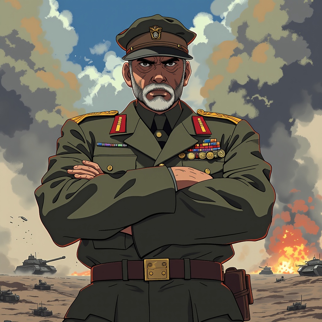 The image is an illustration of a man in a military uniform with his arms crossed. He is standing in front of a desert landscape with tanks and explosions in the background. The man has a serious expression on his face and is wearing a cap with a badge on it. He has a beard and mustache and is looking directly at the camera. The overall color scheme of the image is green, red, and gold.