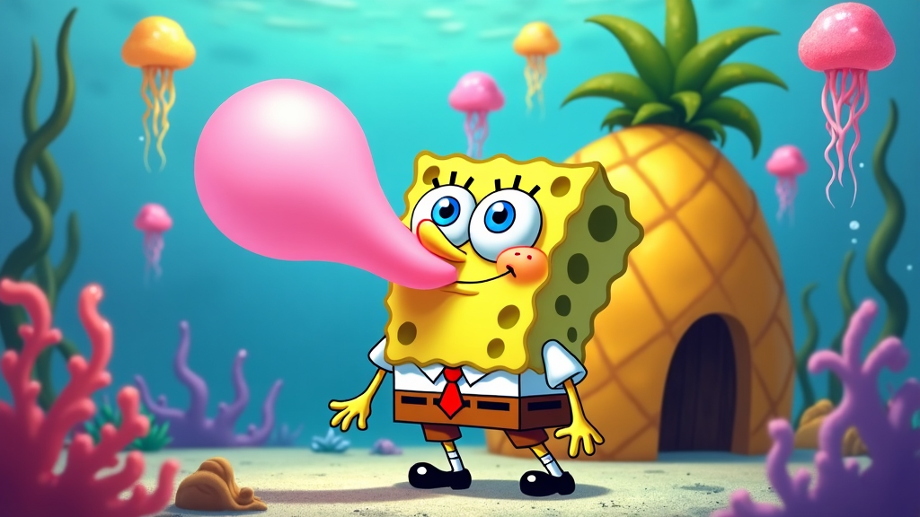 SpongeBob puckering his lips as he blows a large pink bubble in front of his pineapple house, attracting jellyfish.