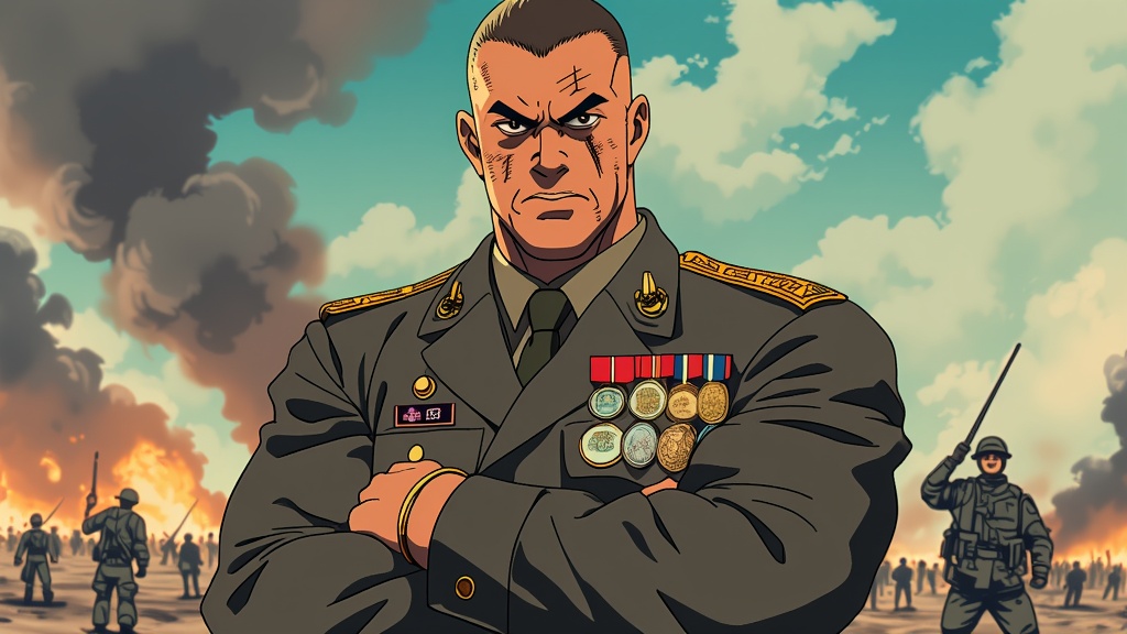 The image is an illustration of a man in a military uniform standing in front of a group of soldiers. The man is bald and has a serious expression on his face. He is wearing a dark green military uniform with gold epaulettes and medals pinned to his chest. His arms are crossed over his chest and he appears to be standing with his arms crossed. In the background, there is a large explosion with smoke and flames. The sky is blue and there are clouds in the distance. The overall mood of the image is tense and ominous.