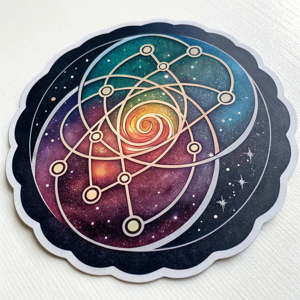 Neural Network Nebula Swirl: A dark sticker with a colorful nebula-like swirl, interwoven with subtle interconnected nodes representing a neural network, possibly with a holographic finish.