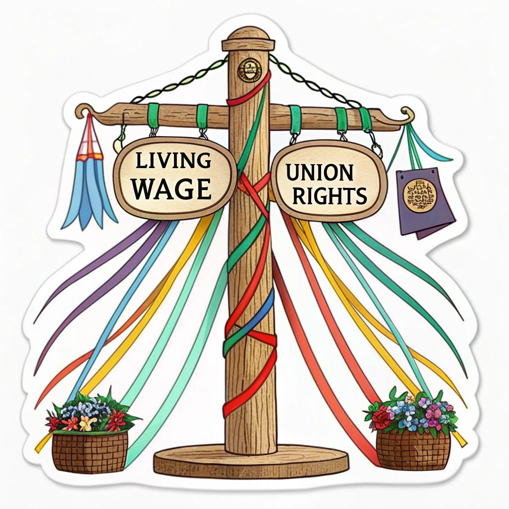 Sub-design 1 (Traditional Folk Art): A classic wooden maypole with brightly colored ribbons, each displaying a clear worker's demand (e.g., 'Living Wage,' 'Union Rights') in a legible, rustic font.