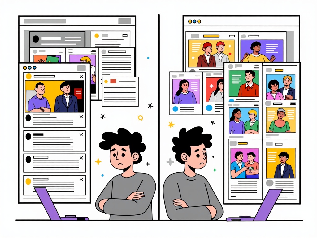 Split-panel comparison: Show side-by-side depictions of the same social media feed or user experience, but visibly altered based on hypothetical regulations from different regions (e.g., one side heavily censored/filtered, the other open but perhaps chaotic).