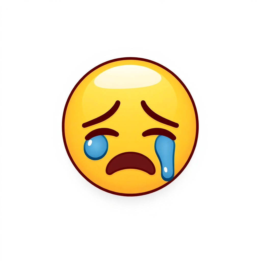 The image shows a yellow smiley face with a sad expression, tears streaming down its cheeks, against a white background.