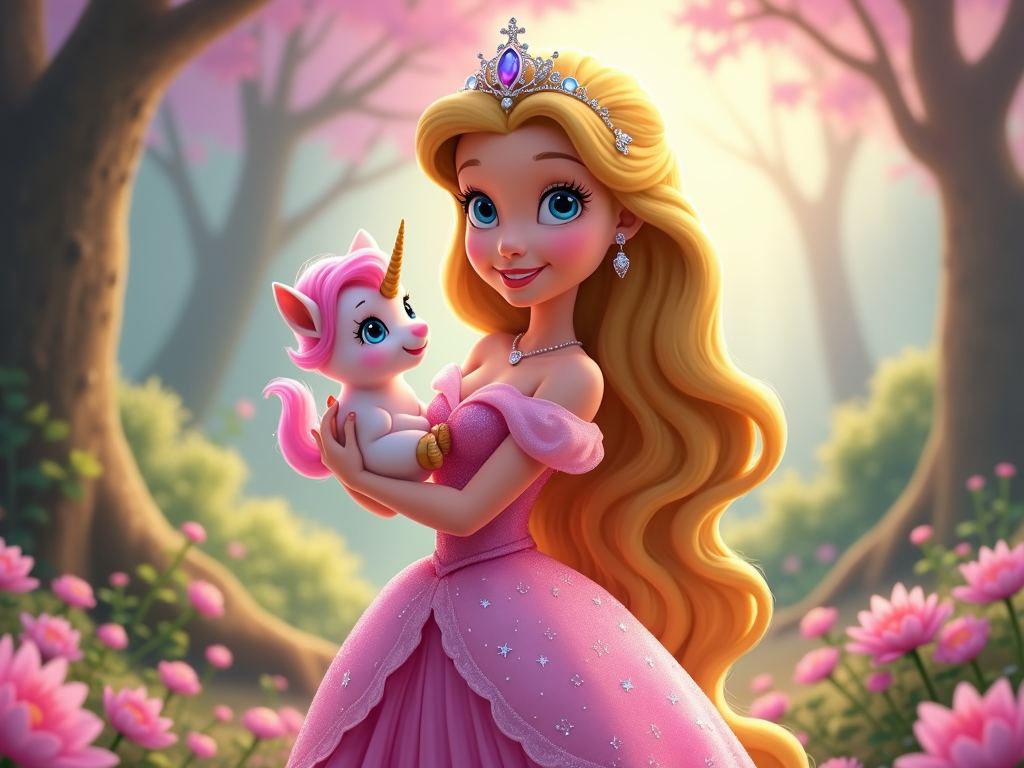 A cartoon princess with large, sparkling eyes, wearing a tiara and a flowing gown, holding a tiny, magical creature like a miniature dragon or a unicorn.