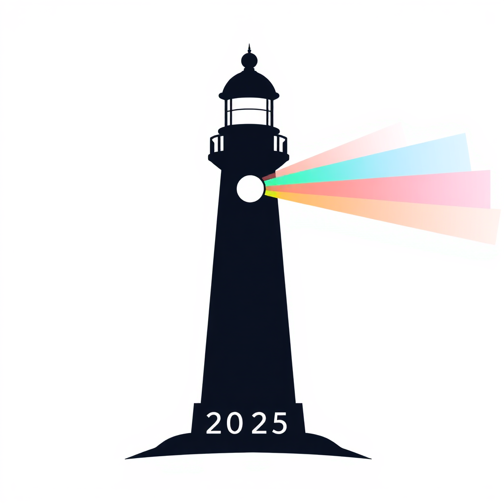Sub-Design Idea 2 (Stylized Lighthouse): A minimalist lighthouse silhouette that emits a powerful, multi-colored rainbow beam, representing guidance, safety, and steadfast visibility. The numerals '25' from '2025' could be subtly incorporated into the lighthouse's structure or base.
