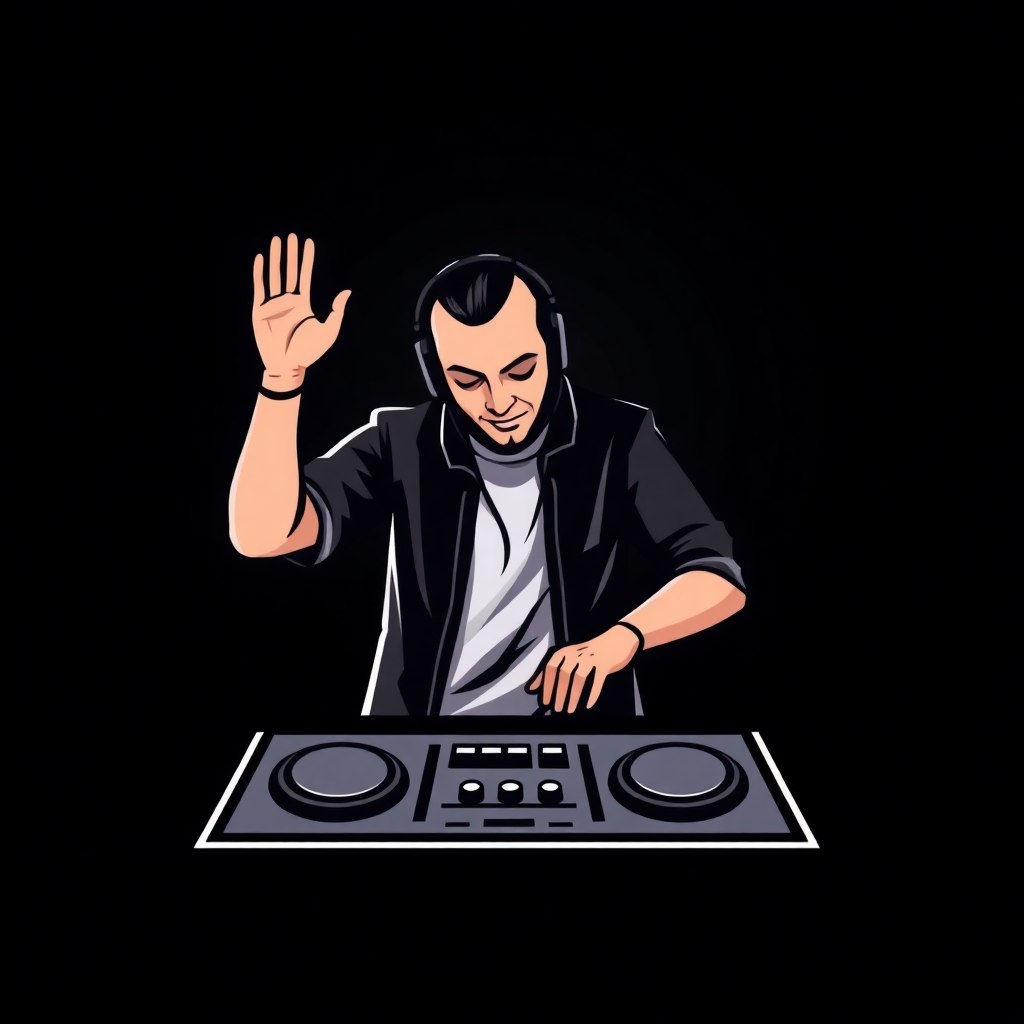 The image is an illustration of a DJ playing music on a turntable. The DJ is wearing a black jacket and a white t-shirt, and has a pair of headphones on his head. He is standing in front of a black background and is holding his right hand up in the air with his left hand, as if he is waving to the crowd. His eyes are closed and he appears to be focused on the music he is playing. The turntables are black and have various buttons and knobs on them. The overall style of the illustration is flat and cartoon-like.