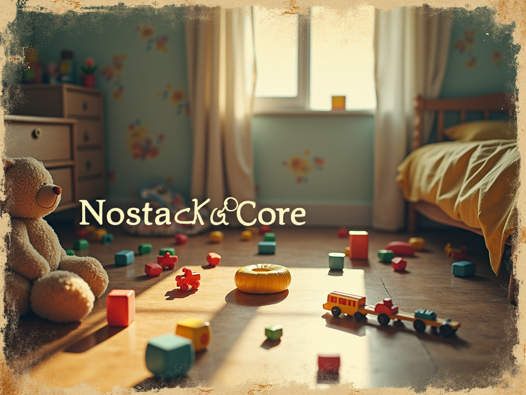 A design that mimics an old, faded photograph of a child's bedroom floor scattered with their favorite toys. The 'Nostalgia Core' text could be like a watermark or a stamp on the photo.