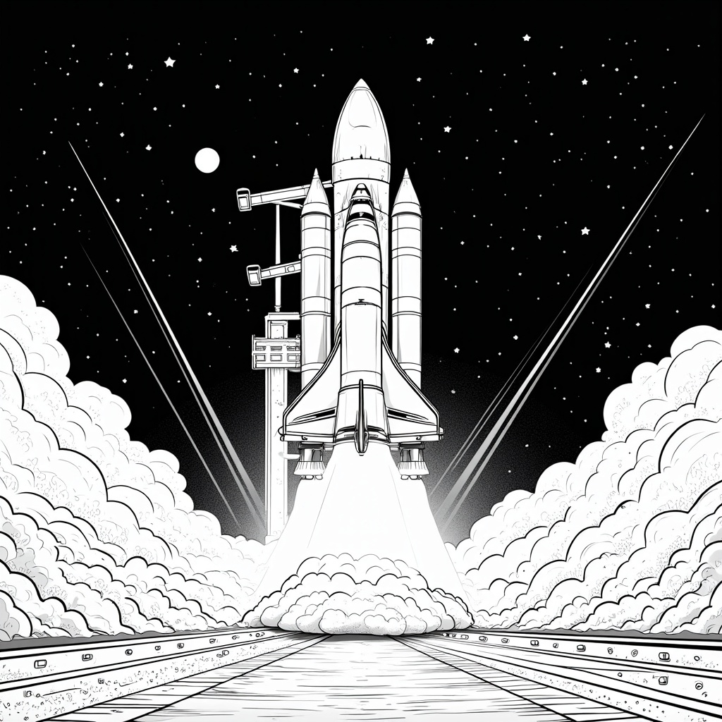 Coloring Page Design Idea 4: Launch Pad Under Floodlights. Scene: The Starliner and launch complex illuminated dramatically at night. Details: Brightly lit spacecraft against dark sky, light beams, shadows, visible stars.