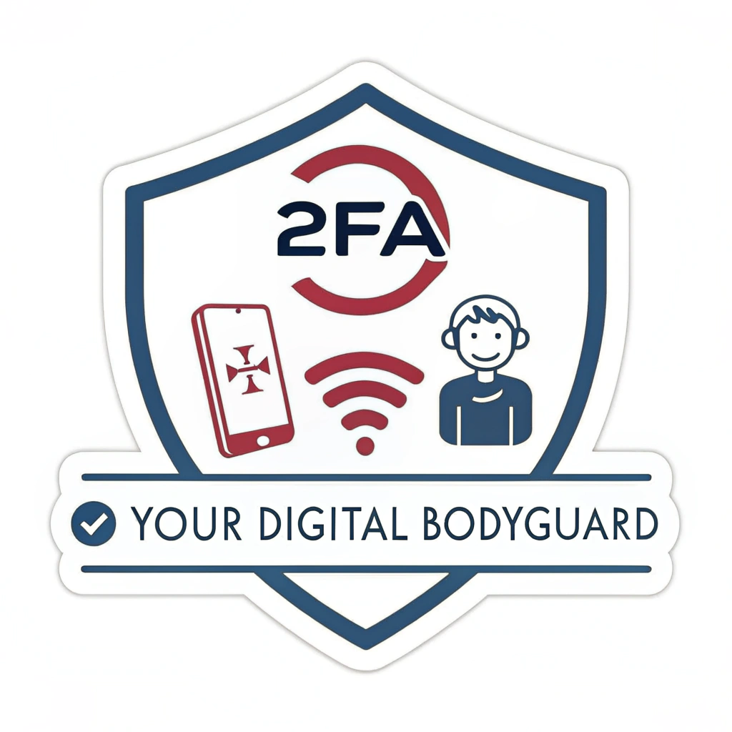 Simple Icon Sticker - Shield & Text: A clean, minimalist sticker design focusing on a bold shield icon. Centered within the shield, the text '2FA' is displayed in a clear, strong typeface. Beneath '2FA', still within the shield, are two small, simplified icons side-by-side representing the two factors (e.g., a dot and a tiny phone outline). The phrase 'Your Digital Bodyguard' is typeset neatly below the shield.