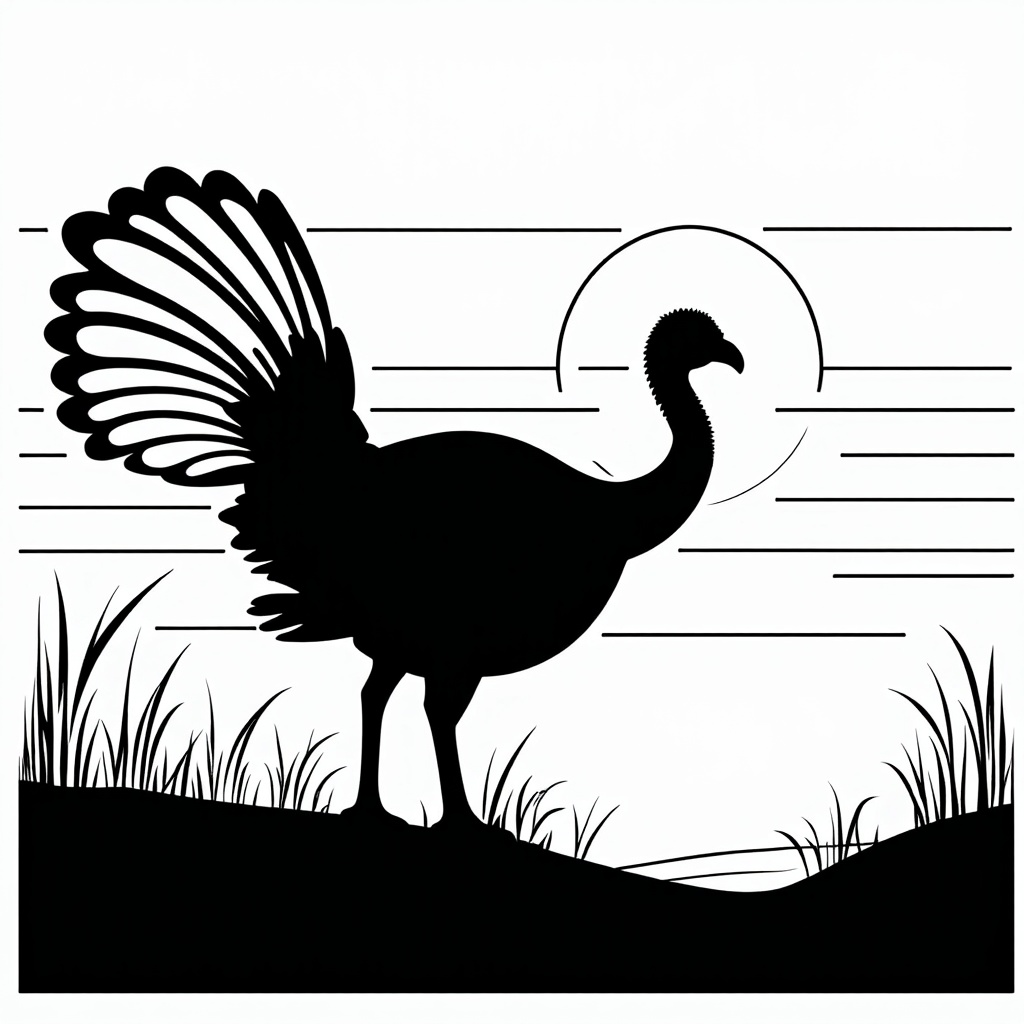 Silhouette of a turkey at sunrise, a simple yet striking piece using only black outlines.