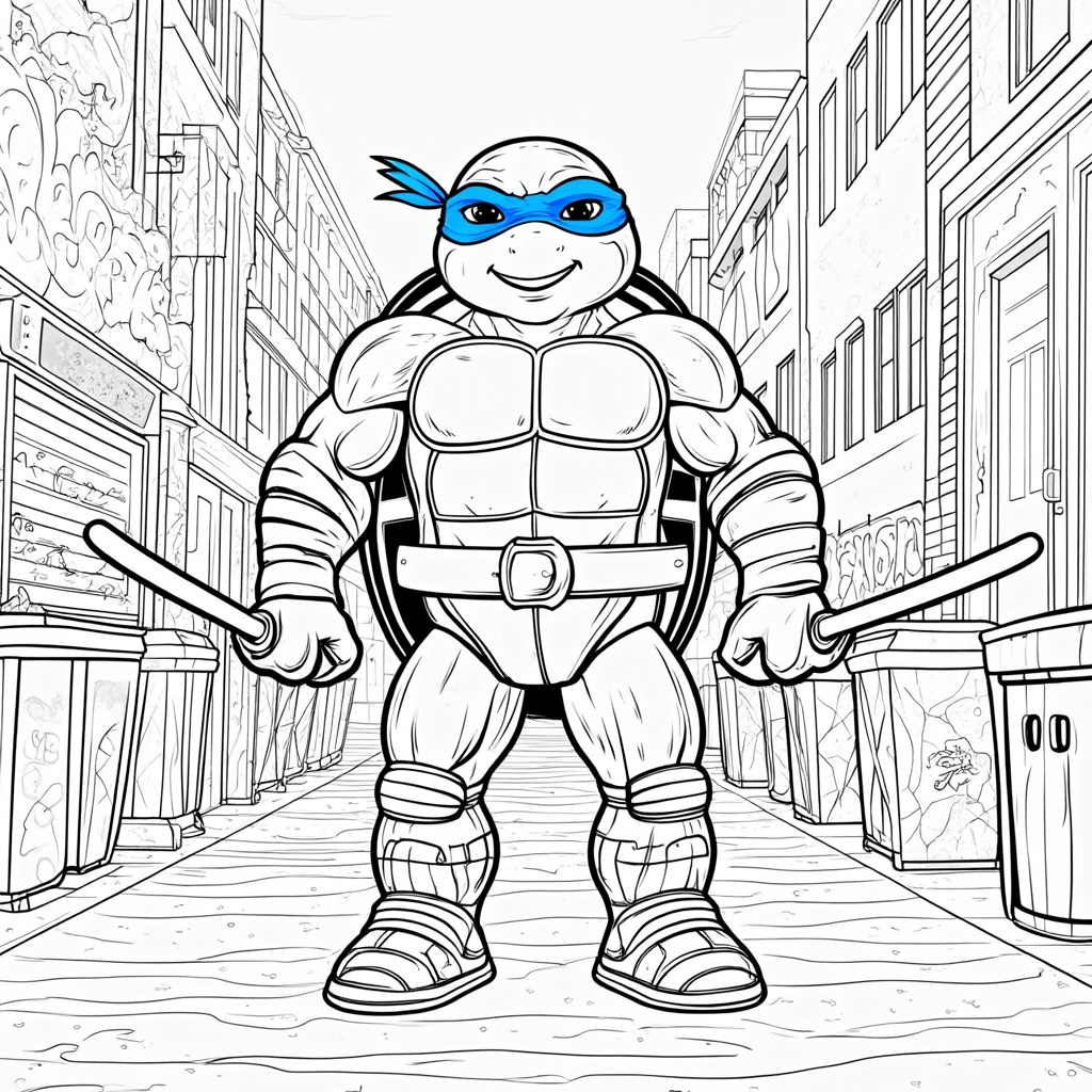 The image shows a sketch of a teenage mutant ninja turtle standing in the middle of a street, holding two sticks in his hands. On either side of him are buildings, and at the bottom of the image is text that reads 