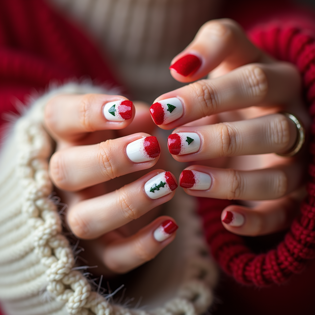  a close-up of a person's hands with their fingers slightly spread apart. The nails are painted with a red and white manicure with a small green Christmas tree design on each ring finger. The person is wearing a red sweater and a gold ring on their ring finger, and the background is blurred, making the nails the focal point of the image.