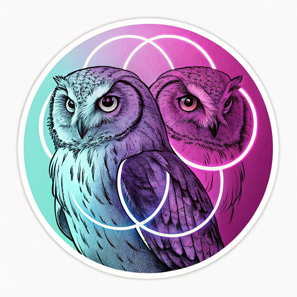 An abstract sticker design where the owl's gaze is represented by two overlapping orbs of radiant neon light (e.g., one cyan, one magenta, creating a violet overlap). Feather-like strokes in darker tones, tipped with neon, fan out from these orbs, suggesting the owl's presence without a full depiction.