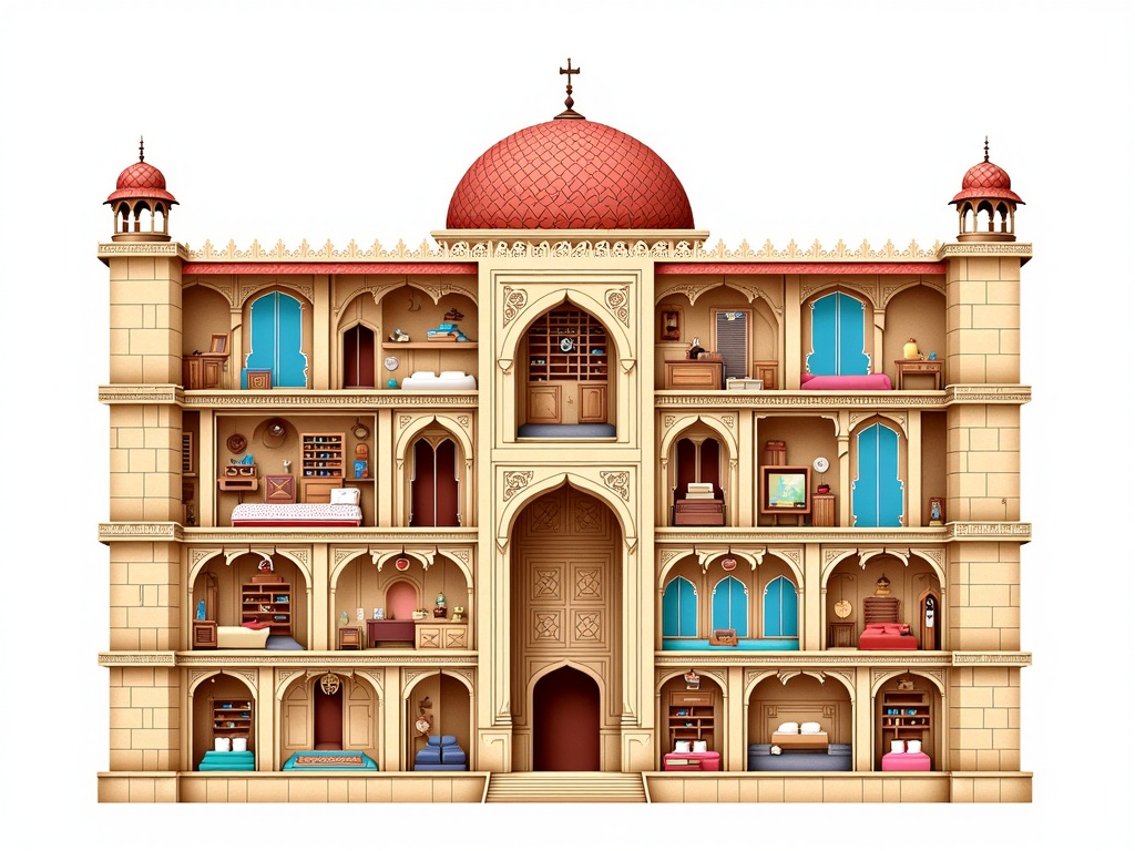 A cross-section illustration of a multi-storied Arabian palace, showcasing different rooms (e.g., a treasury, a library, a grand hall, private chambers) each with unique architectural details like domed ceilings, mashrabiya windows, and richly carpeted floors. Highlight the contrast between public and private spaces.