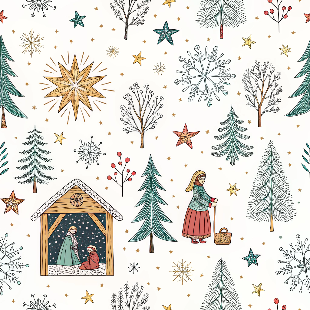 A collection of hand-drawn Christmas patterns on a sketchpad, featuring themes like nativity scenes, carolers, and winter scenes ready to inspire homemade decorations.