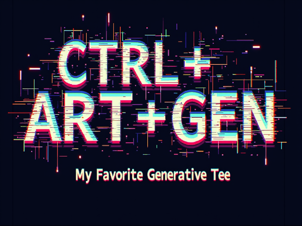 The phrase 'CTRL+ART+GEN' rendered in a dynamic glitch art or datamoshing style. This would involve visual effects like pixelation, chromatic aberration, scan lines, and distorted text forms to emphasize the digital, experimental, and cutting-edge nature of generative AI. 'My Favorite Generative Tee' could be presented as a clean, contrasting tagline.