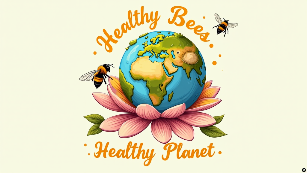 Sub Design Idea 5: Earth & Bee Floral Embrace - An illustration of a globe or a segment of the Earth turning into a blooming flower, with a bee gently approaching it. Symbolizes the interconnectedness of bees, flora, and the planet. Slogan: 'Healthy Bees, Healthy Planet'.