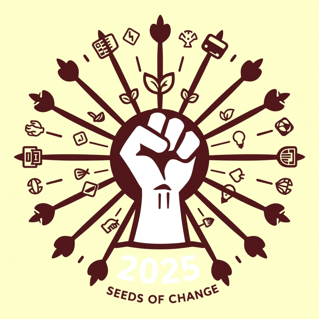 Radial Uprising: A central point (perhaps a fist or a seed) from which multiple sprouts and simplified tool icons radiate outwards, symbolizing collective action and widespread impact. '2025' and 'Seeds of Change' integrated.