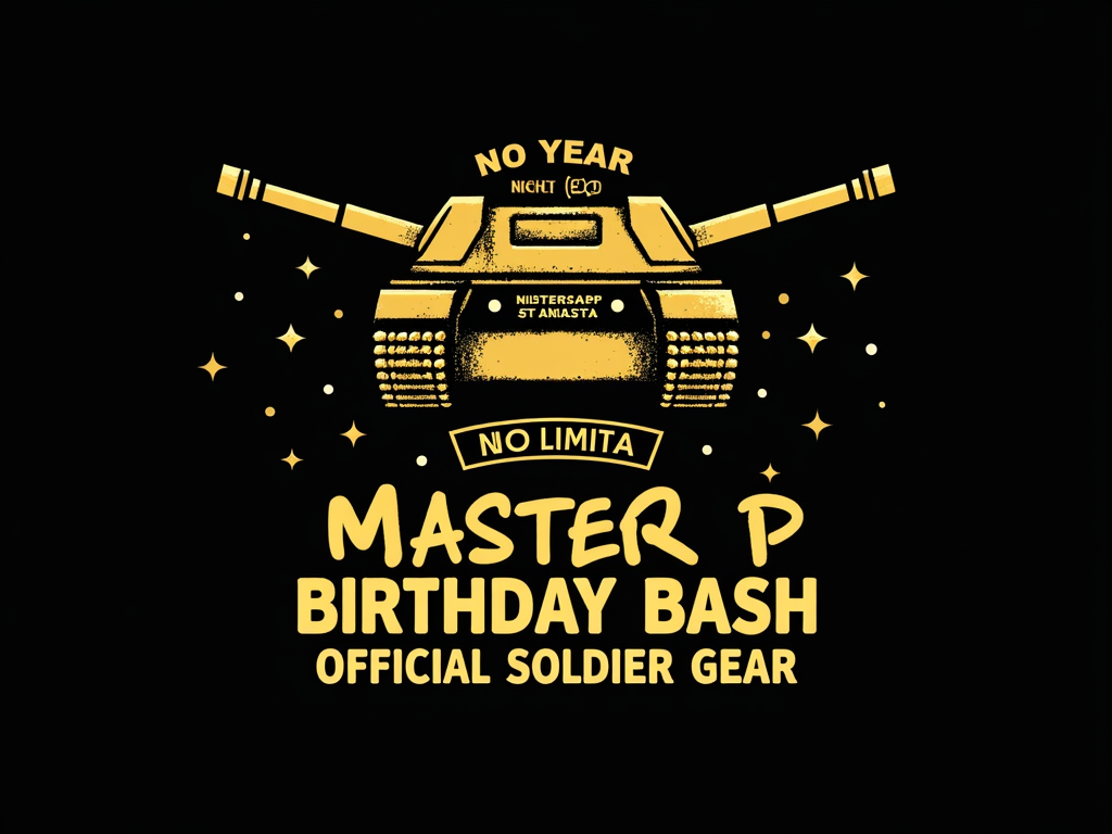 No Limit Tank Birthday Edition: Feature the iconic No Limit tank logo decorated with subtle birthday elements (e.g., 'Est. [Year]' or a small 'Birthday Bash' banner). Text: 'Master P Birthday Bash - Official Soldier Gear.' Style with bold gold accents, perhaps on a black or custom camouflage background.