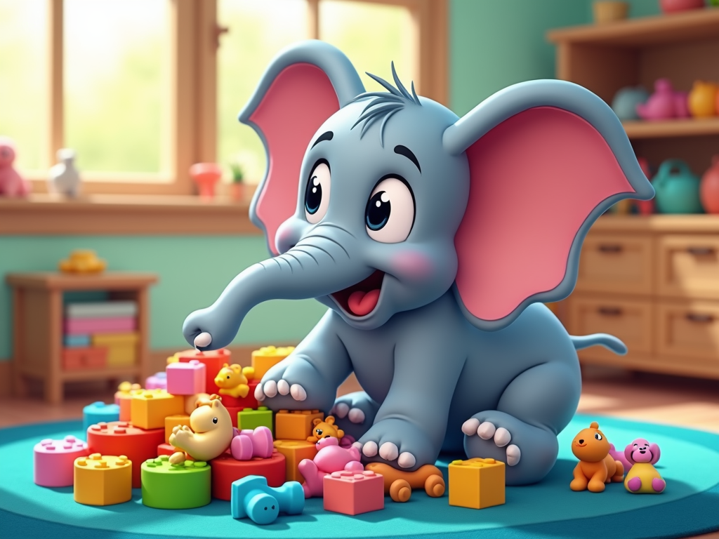 Trunky surrounded by a pile of colorful toys, looking overwhelmed but ultimately happy, as he begins to organize them with his trunk.