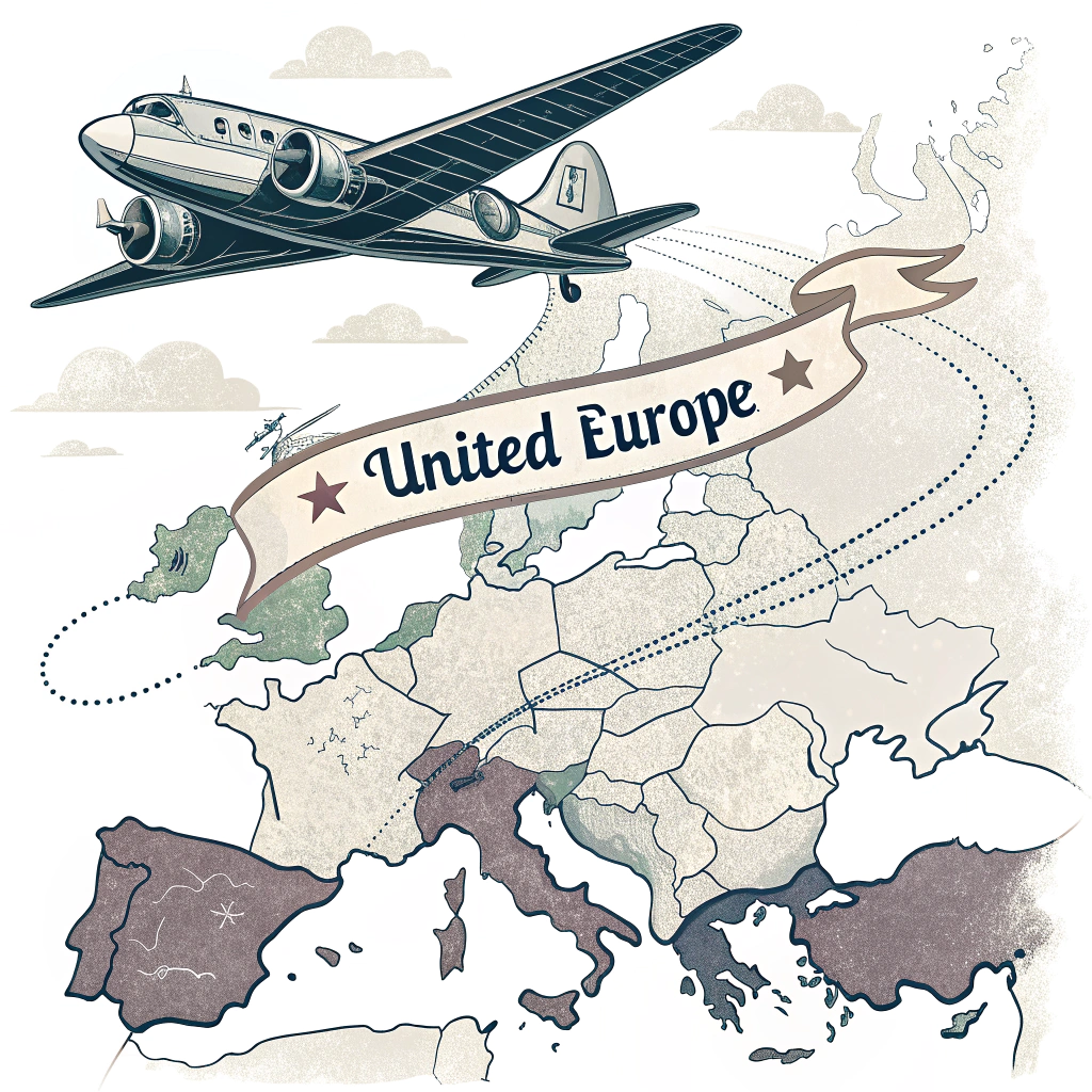 Create a sticker featuring a vintage-style airplane flying over a united Europe, symbolizing travel and unity, with the slogan trailing behind.