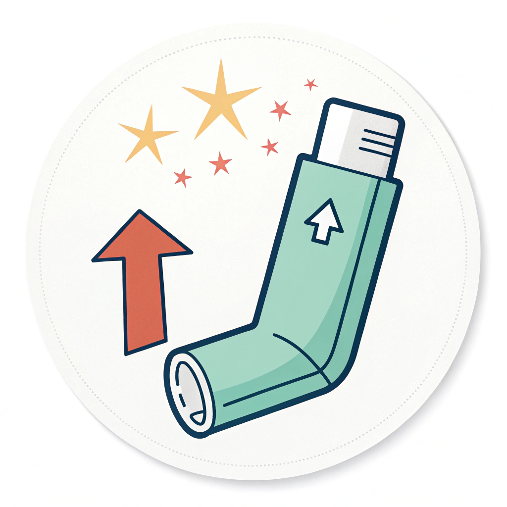 Simple Icon - Empowered Inhaler: A minimalist icon suitable for a sticker, featuring a stylized inhaler merged with a small, upward-pointing arrow or a simple, radiant star. This cleanly represents effective asthma management and the wearer's empowerment.