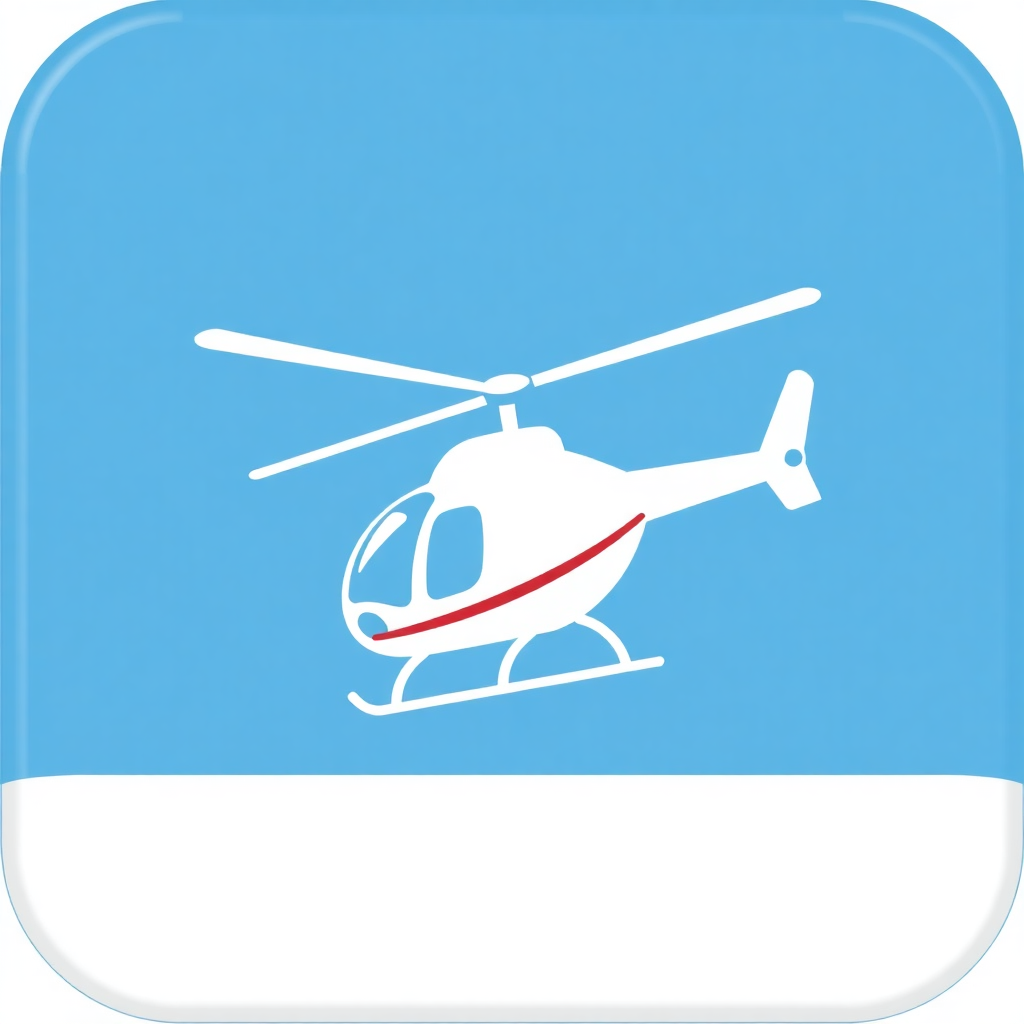 The image is a square icon with a light blue background. In the center of the icon, there is a white helicopter with a red stripe running along the side. The helicopter has two propellers on either side of the body and a tail fin. The body of the helicopter is white with a black outline. The background is a solid light blue color. The icon appears to be a representation of a helicopter or a helicopter.