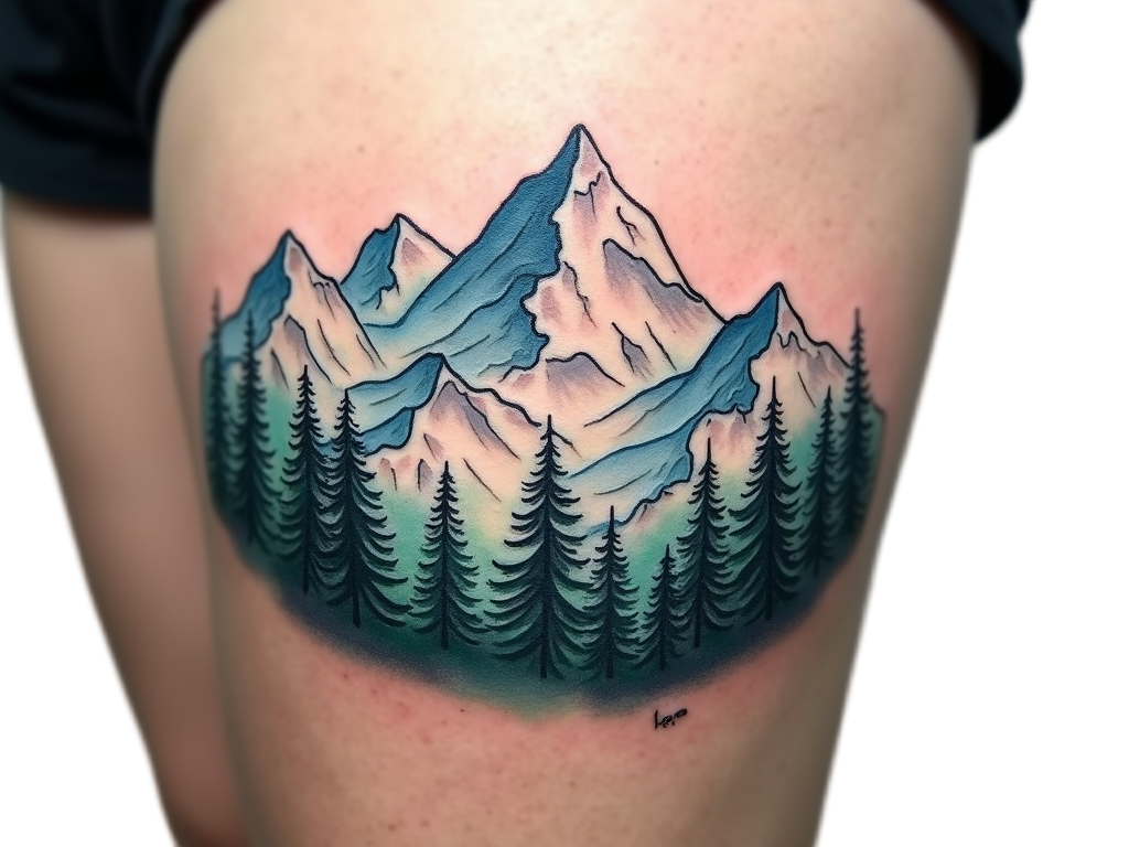 An inspired mountain range tattoo spreading across the calf, etched with snow-capped peaks and timberline trees under a clear sky.