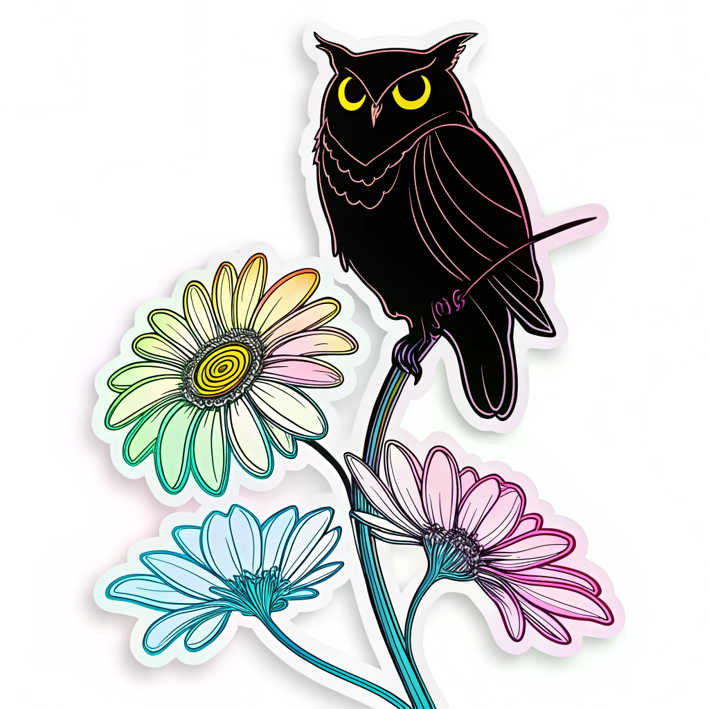 A stylized, minimalist owl silhouette perched on a neon daisy stem. The owl's body is a dark silhouette, but its eyes are two intensely glowing neon yellow orbs, piercing the darkness. The daisy below has petals that cycle through various neon colors.
