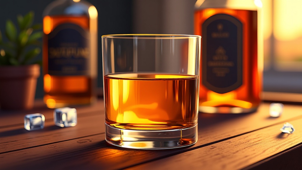  a glass of whiskey on a wooden table. The glass is filled with a golden-brown liquid, which appears to be whiskey. In the background, there are two bottles of whiskey, one with a black label and the other with a red label. There are also a few ice cubes scattered around the table. On the right side of the image, there is a small potted plant. The background is blurred, but it seems to be a room with a window and a view of the sunset.