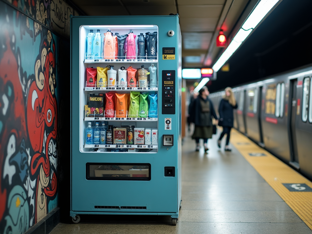 A vending machine at a subway station, compactly packed with umbrellas, reusable water bottles, and other commuter-friendly goods.