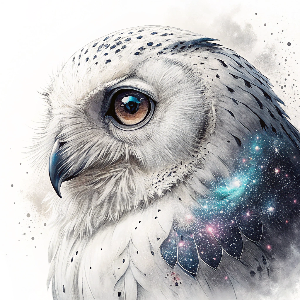 A sticker with a close-up portrait of an owl, its eyes reflecting vast starry skies or galaxies. Minimal background with cosmic dust wisps and iridescent/holographic feather highlights.