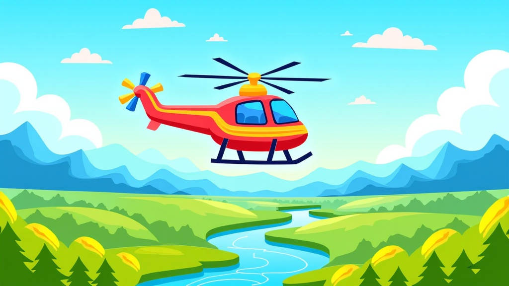 The image is an illustration of a red helicopter flying over a green landscape with mountains in the background. The helicopter is in the center of the image, with its rotors spinning and its body facing towards the right side of the frame. The sky is blue with white clouds scattered across it. The landscape below is filled with lush green trees and shrubs, and there is a river running through the center. The mountains are covered in snow and have a blue sky above them. The overall color scheme of the illustration is bright and vibrant, with shades of blue, green, and yellow.