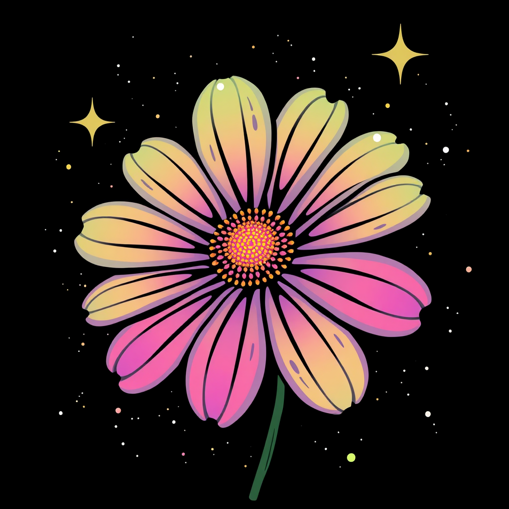 Astro-Botanical Daisy: An alien or fantastical daisy blooming in a cosmic, star-filled setting. Petals display iridescent, nebula-like colors. Retro inspiration comes from 60s space-age design (clean lines, bubble shapes), with 'EDC 2025' styled like a space mission patch.