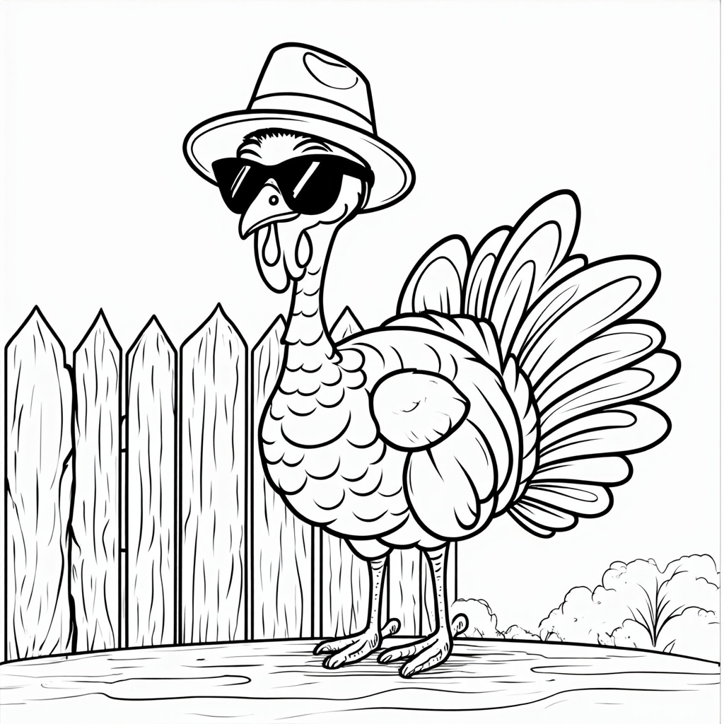 Chic turkey with sunglasses and a top hat, leaning against a fence, exuding confidence.