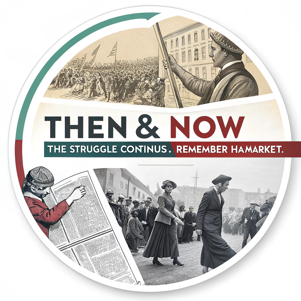 A sticker featuring a split design: one side shows a historical illustration or photo snippet from the Haymarket era (e.g., a newspaper clipping style), and the other side a vibrant, modern photo of a protest or workers. A strong dividing line with the text 'Then & Now: The Struggle Continues. Remember Haymarket.'