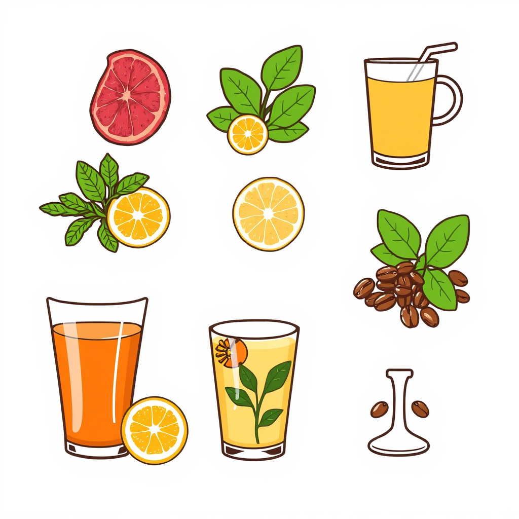 Highlight natural ingredients: Icons showcasing beverages (e.g., tea, juice, smoothie) with visible, recognizable whole ingredients like fruit slices, herbs, or coffee beans, symbolizing fresh, natural, and sustainably sourced drinks.