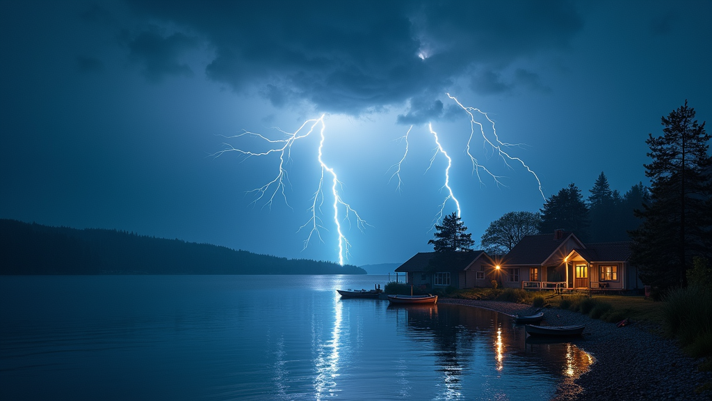 An enthralling wallpaper of a thunderstorm enveloping a peaceful lakeside village. Lightning twists audaciously through the midnight sky, reflecting onto the shimmering water surface. The silent houses and boats illustrate the stark beauty of untouched nature meeting mankind's quiet realms, creating an evocative night scene.