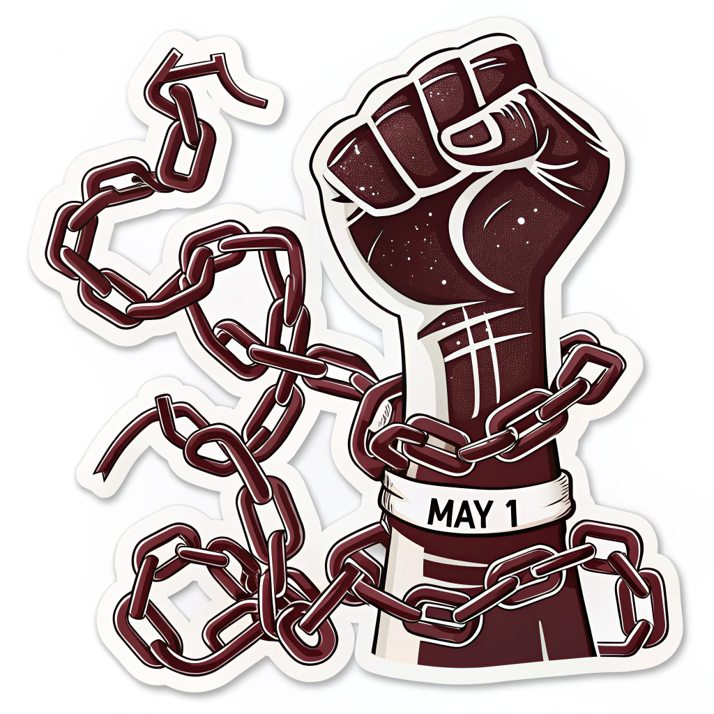 Sub-Design 1: A graphic depicting intertwined broken chains, symbolizing liberation from wage slavery, perhaps incorporating the date 'May 1'.
