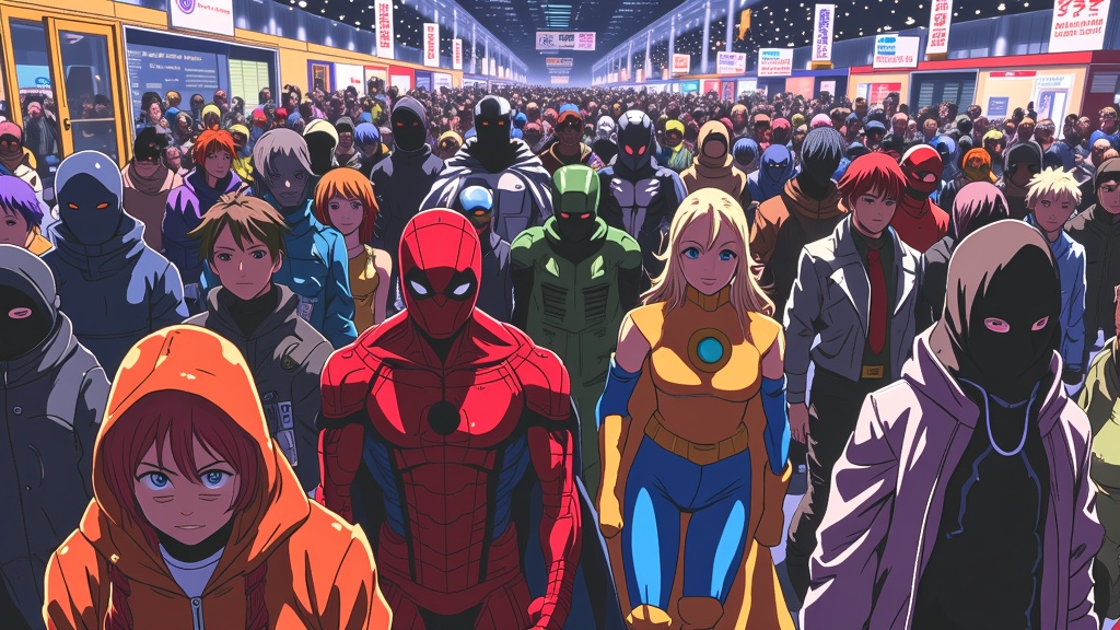 Hidden Identities Group Shot: A large illustration depicting various anime characters in full cosplay of other famous heroes, subtly revealing their true identities through a dropped accessory, a characteristic mannerism, or a partial unmasking amidst a convention crowd.