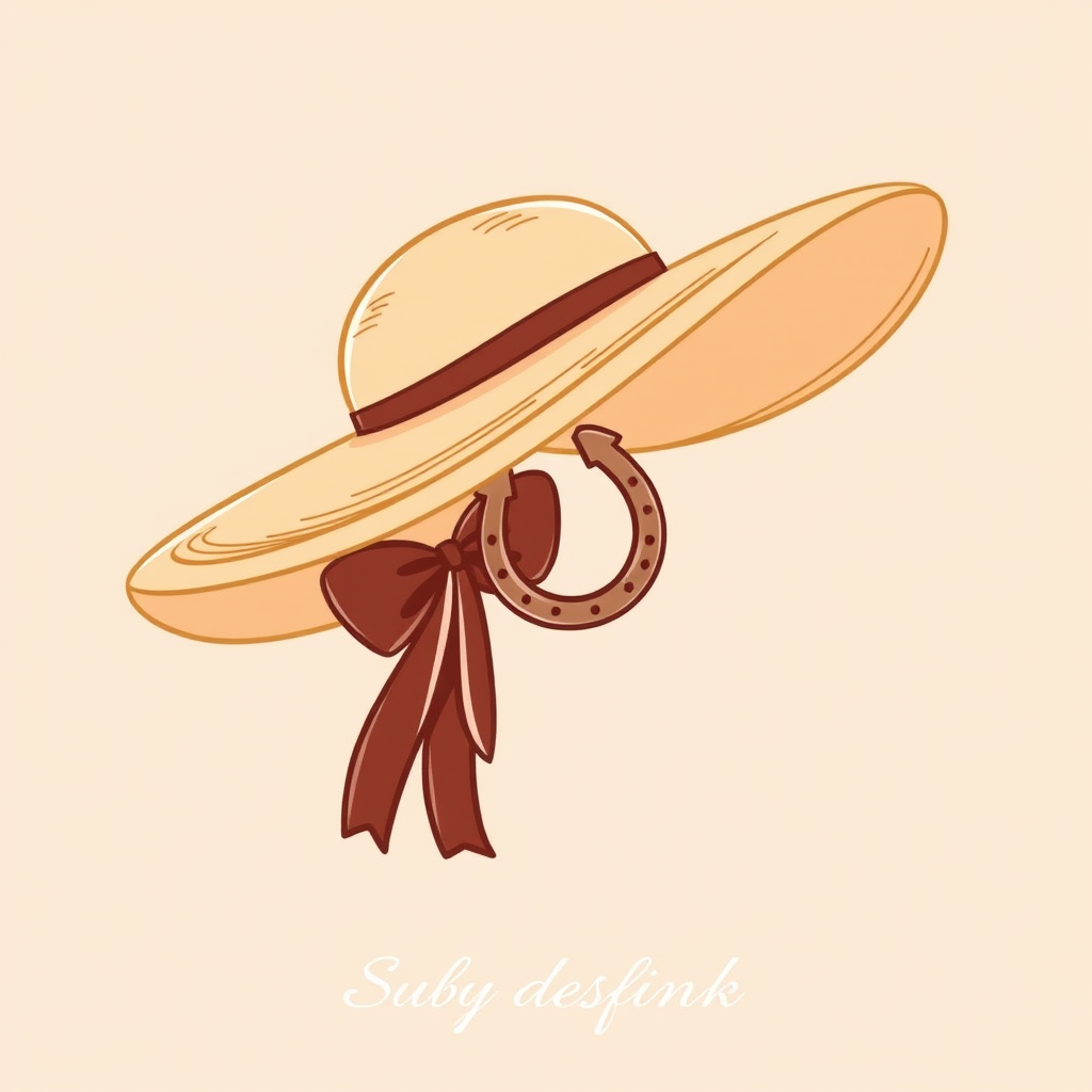Sub-Design 4: Elegant Hat & Horseshoe Motif - A gracefully illustrated wide-brimmed Derby hat, subtly incorporating a lucky horseshoe into its ribbon or design. Soft, warm color palette and flowing cursive text for a charming, traditional feel.