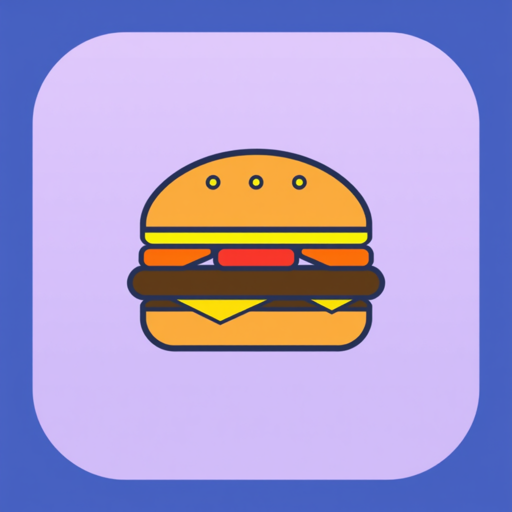 A stylized hamburger icon using basic geometric shapes like circles, squares, and triangles for the buns, patty, and fillings. It has a clean, modern look.